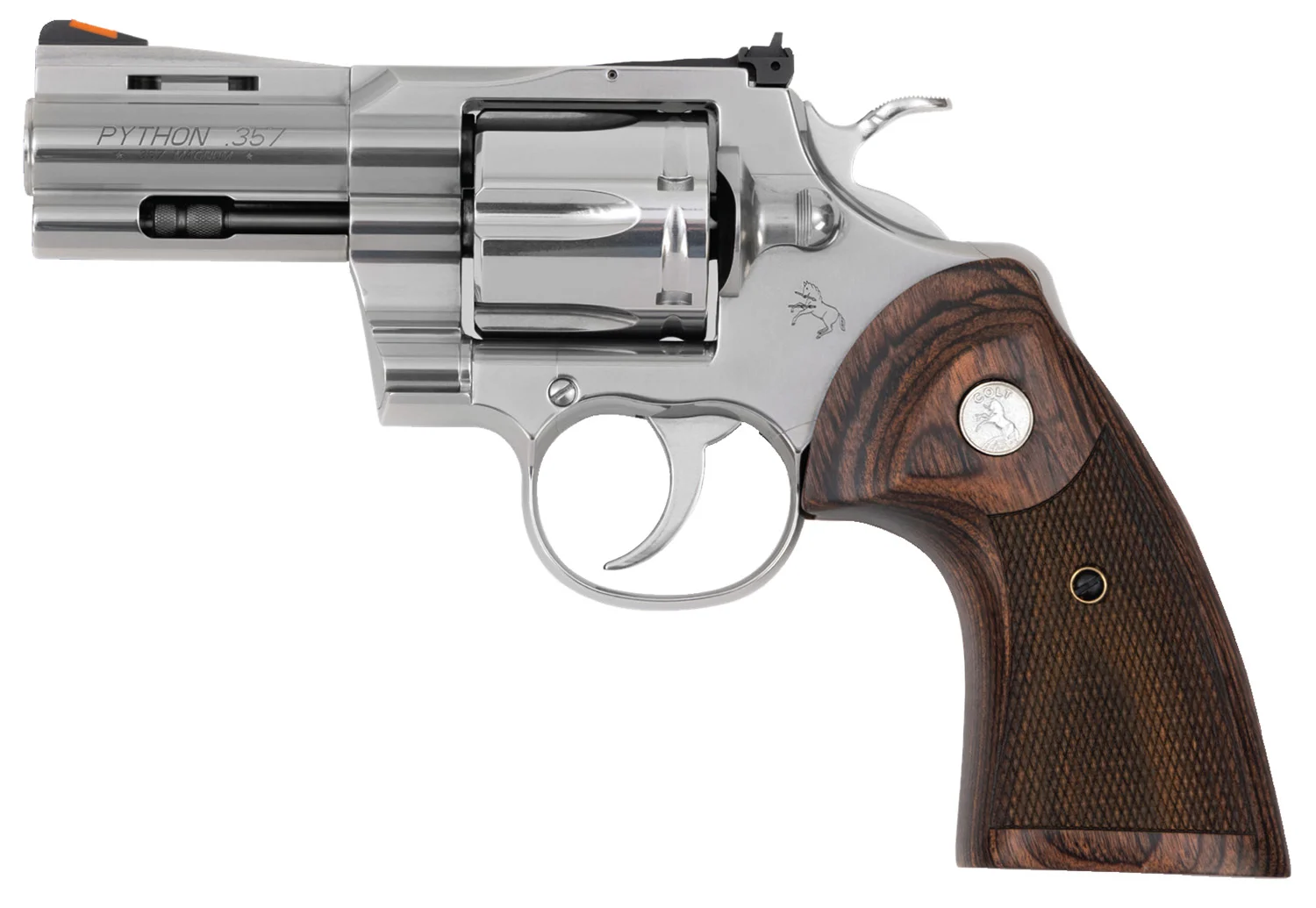 Colt Mfg PYTHONSP3WTS Python 38 Special 357 Mag 6 Shot 3" Stainless Recessed Target/Vent Rib Barrel, Cylinder & Frame, Walnut w/Colt Medallion Grip