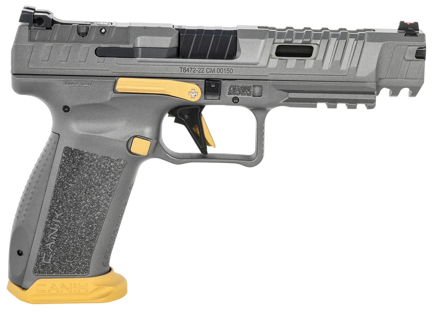 Canik HG6610TN SFx Rival Full Size 9mm Luger 18+1, 5" Black Steel Barrel, Rival Gray Ported/Serrated Slide, Rival Gray w/Gold Accents Polymer Frame w/Beavertail & Picatinny Rail, Ambidextrous