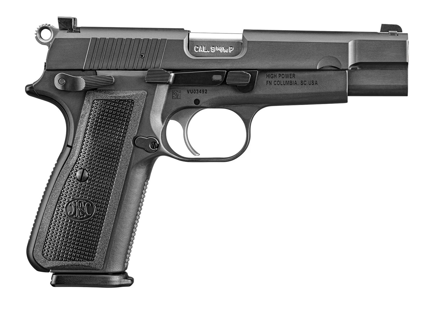 FN 66101115 High Power 9mm Luger 10+1 4.70" Black Target Crown Steel Barrel, Black PVD Serrated Steel Slide & Steel Frame w/Beavertail, Black Polymer Grip, Ambidextrous