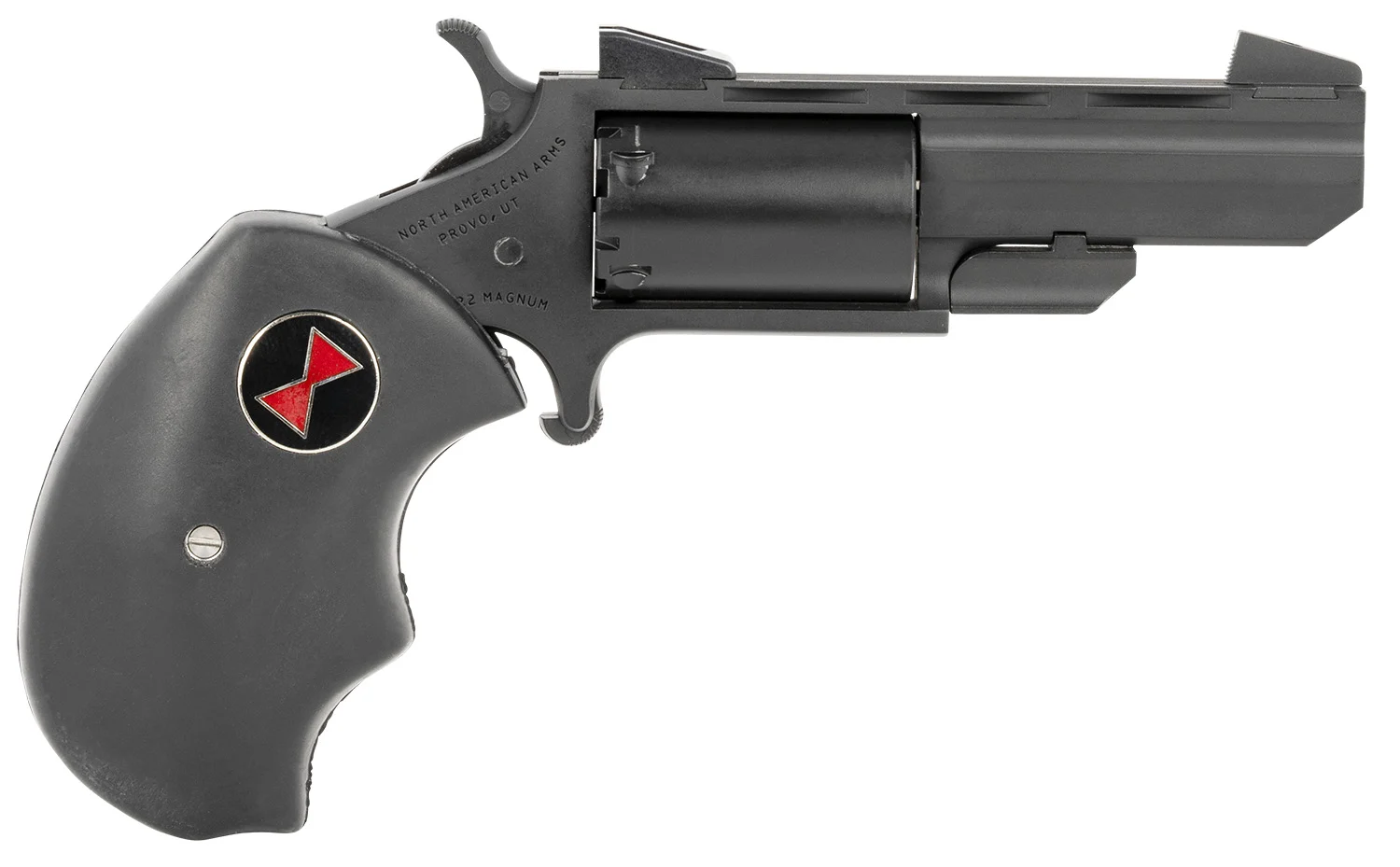 North American Arms BWMCRK Black Widow 22 WMR 5 Shot 2" Matte Black Heavy Vent Rib Barrel, Matte Black Cerakote Stainless Steel Frame, Black Cylinder, Black Finger Grooved Rubber Grip, Exposed Hammer