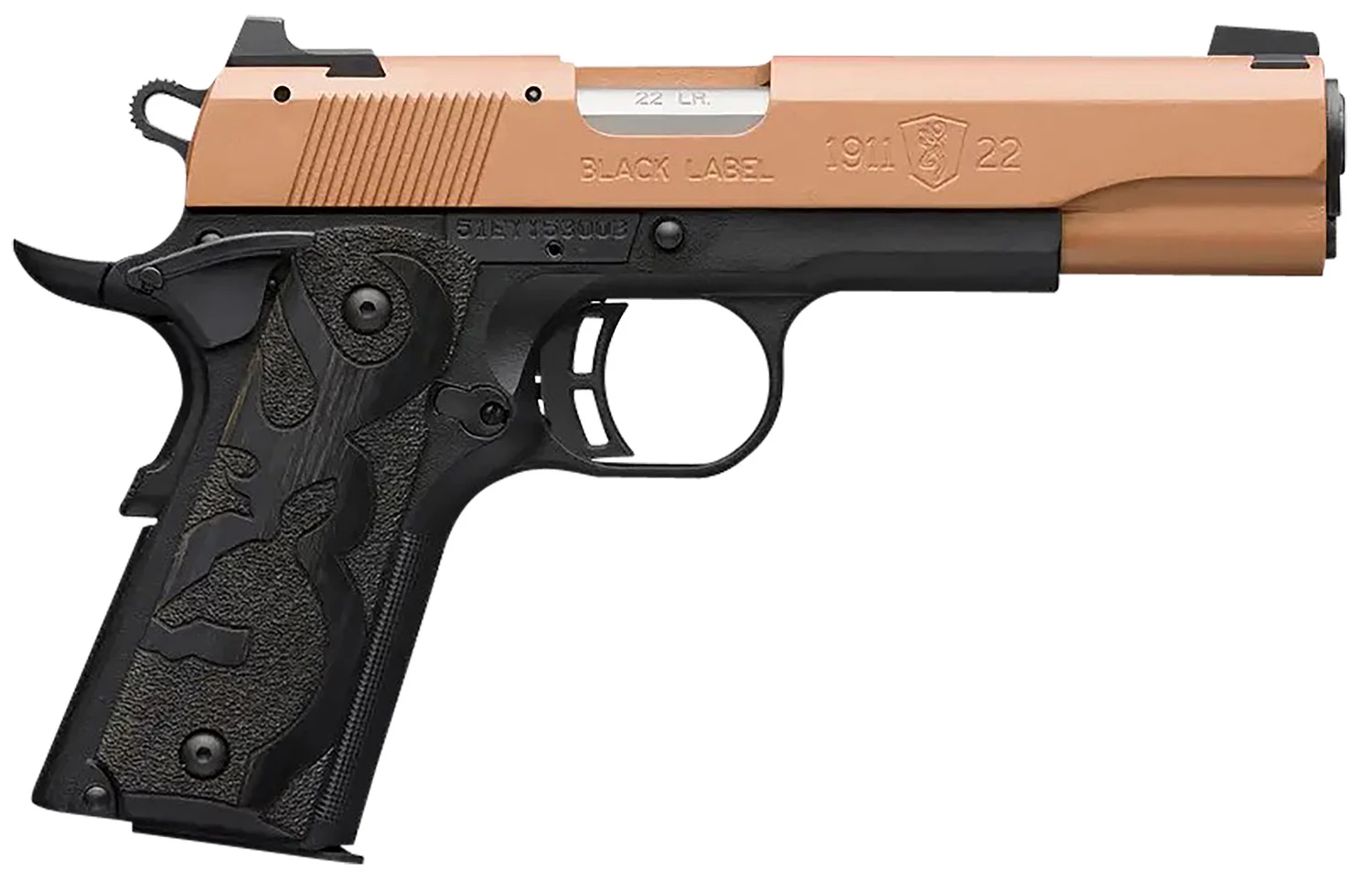 Browning 051895490 1911-22 Black Label Full Size Frame 22 LR 10+1, 4.25" Matte Stainless Steel Barrel, Copper Cerakote Serrated Slide, Matte Black Polymer Frame w/Beavertail, Black Laminate Wood Grip