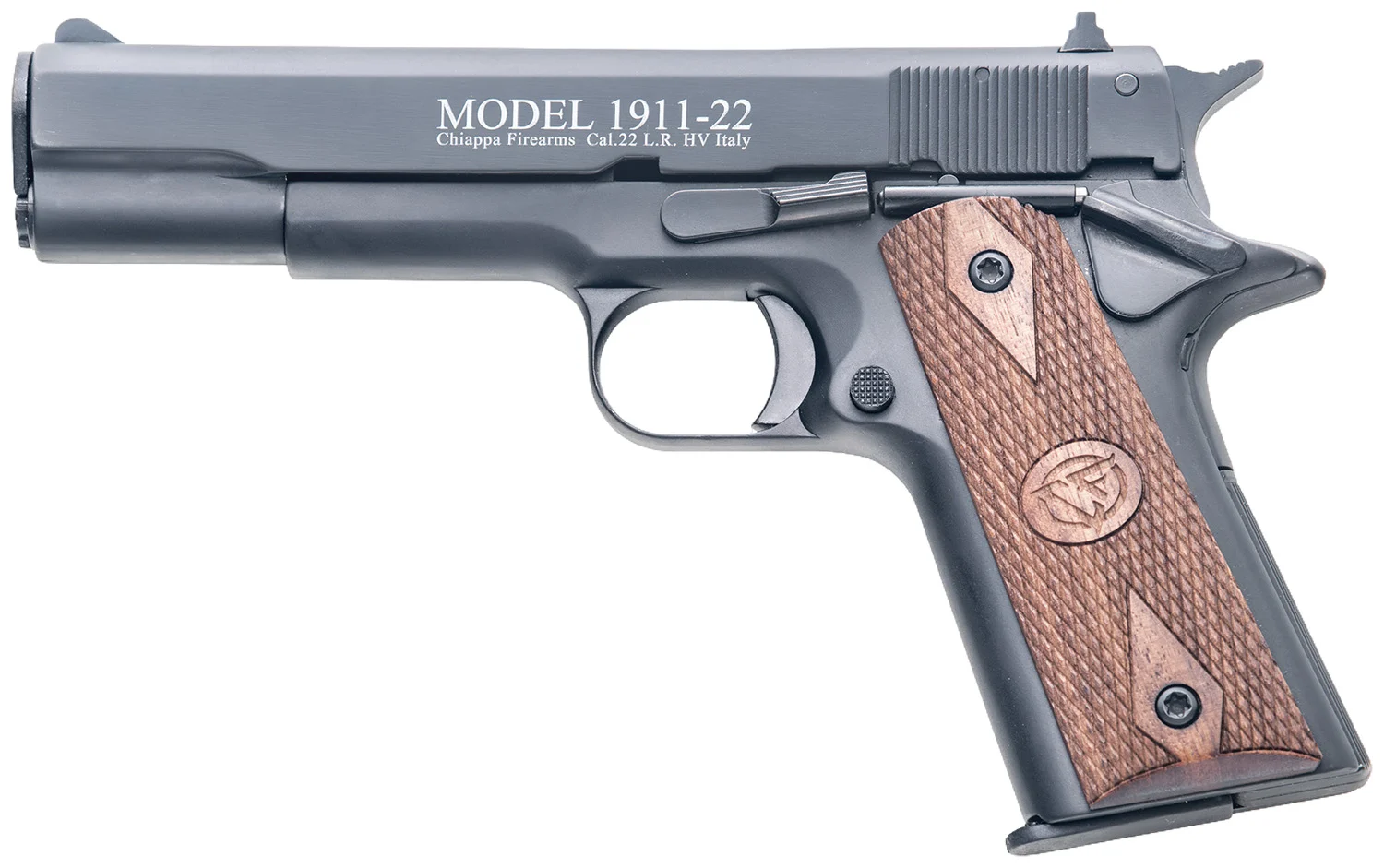 Chiappa Firearms 401038 1911-22 22 LR 10+1, 5" Black Steel Barrel, Blued Serrated Slide, Blued Aluminum Frame w/Beavertail, Stippled Walnut Grip, Manual Thumb Safety, Right Hand