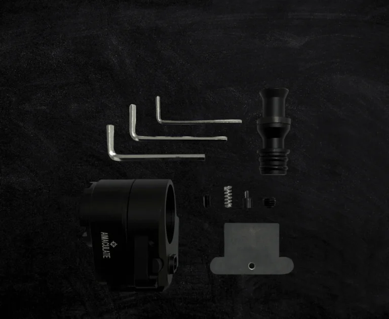 “Aimaculate Folding Stock Adapter — left side view installed on AR buffer tube” “Folded Aimaculate stock adapter showing compact profile” “Aimaculate folding adapter ambidextrous latch detail” “Installation hardware included with Aimaculate folding stock adapter”