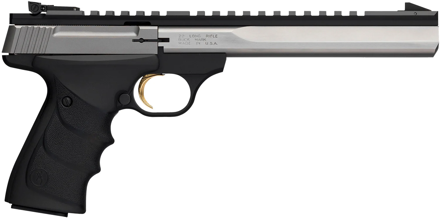 Browning 051508490 Buck Mark Contour 22 LR 10+1 7.25" Contoured Barrel, Matte Stainless Serrated Steel Optic Ready Slide, Matte Black Aluminum Frame, Finger Grooved Black Ultragrip RX Grip